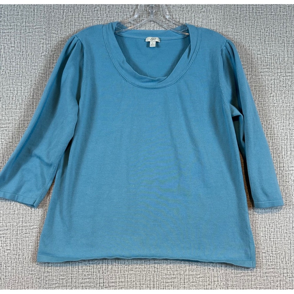 J. Jill Womens Light Blue 100% Cotton Scoop Neck 3/4 Sleeve Sweater Large Preppy